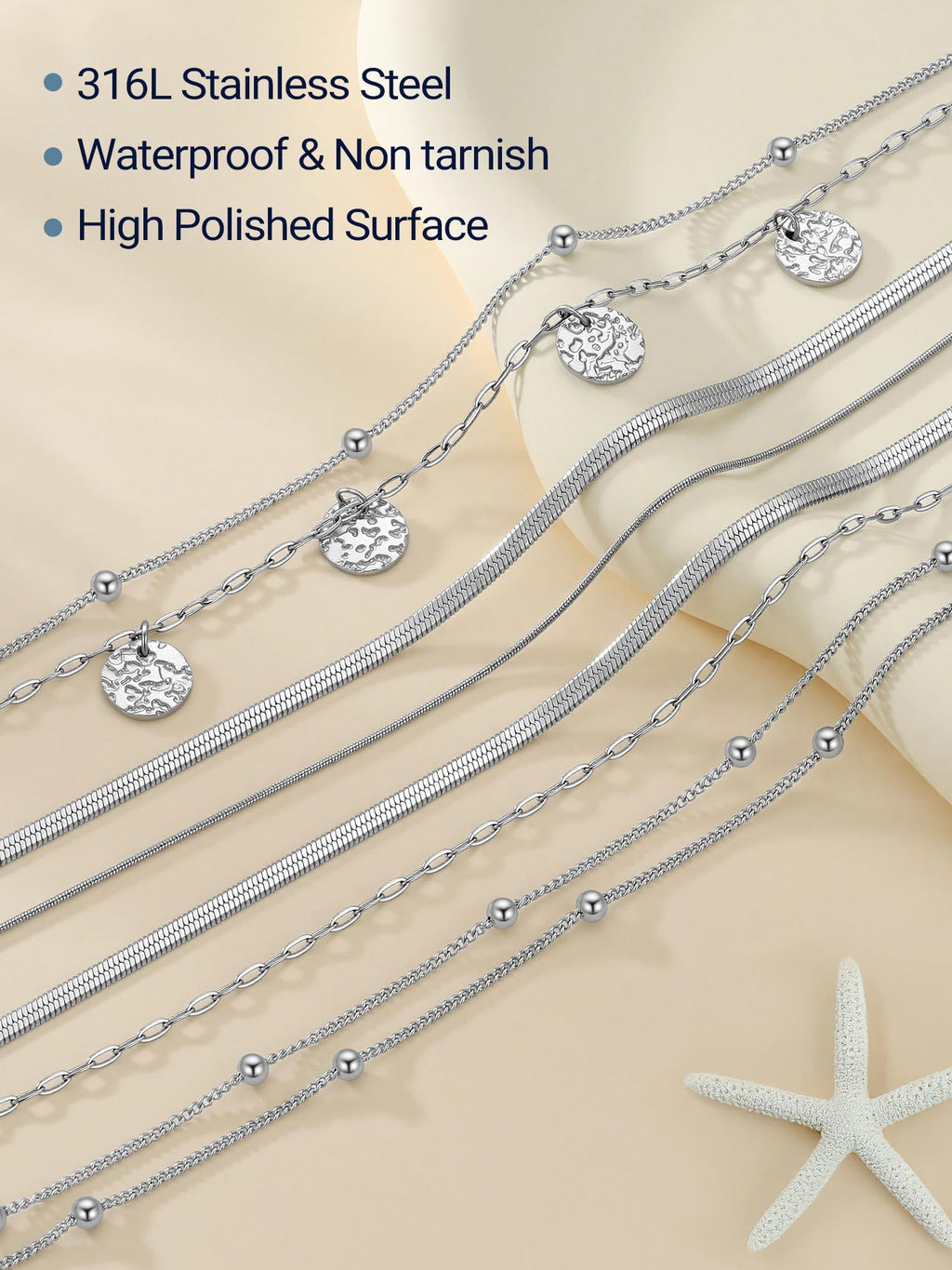 PROSTEEL Silver Anklets for Women Waterproof, 8-10.5" Adjustable
