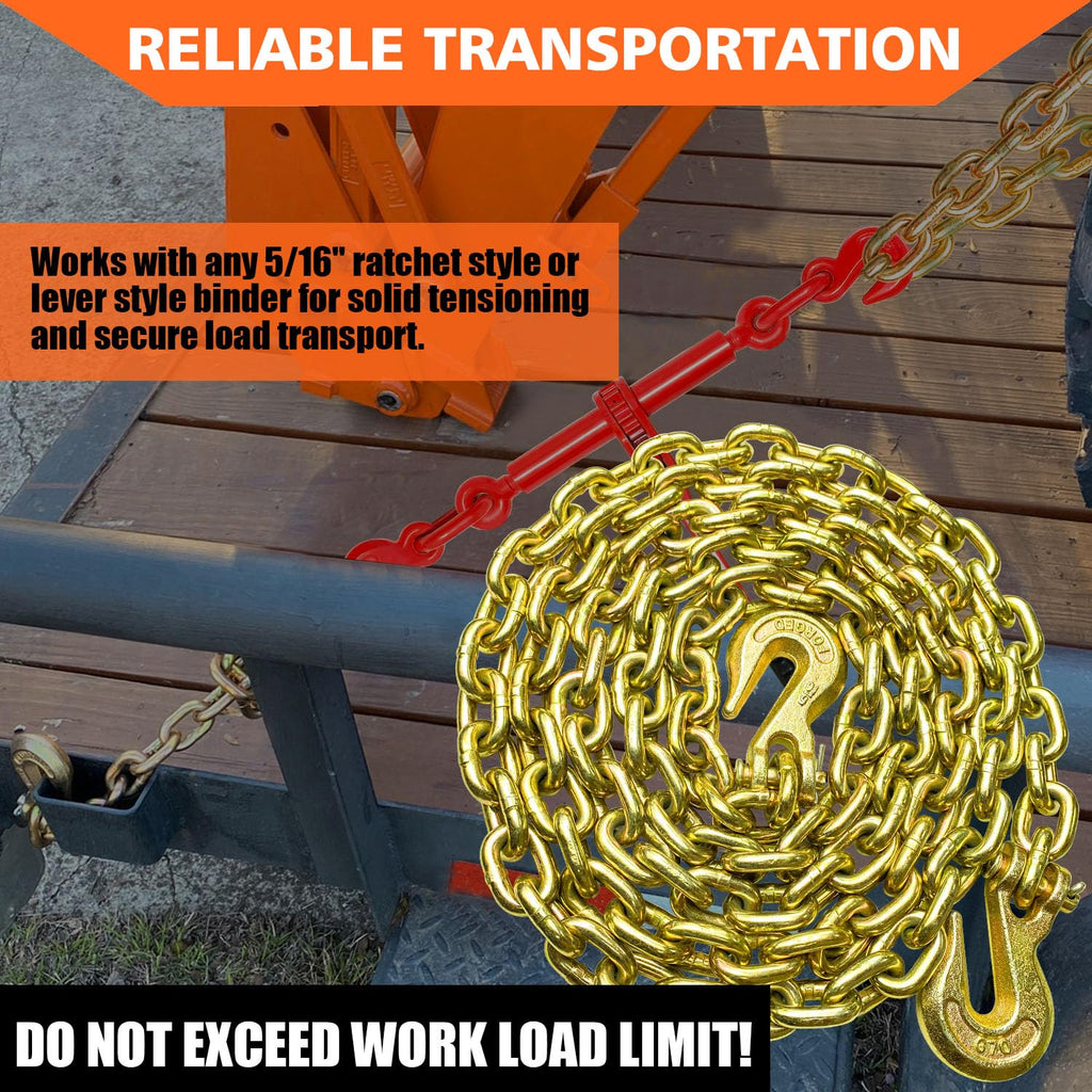 YATOINTO G80 Transport Binder Chain 5/16 Inch x 10 Foot Safety/Binder Chain with Clevis Grab Hooks 4,900 lbs Safe Working Load Logging Chain for Transporting Towing Tie Down Binding Equipment