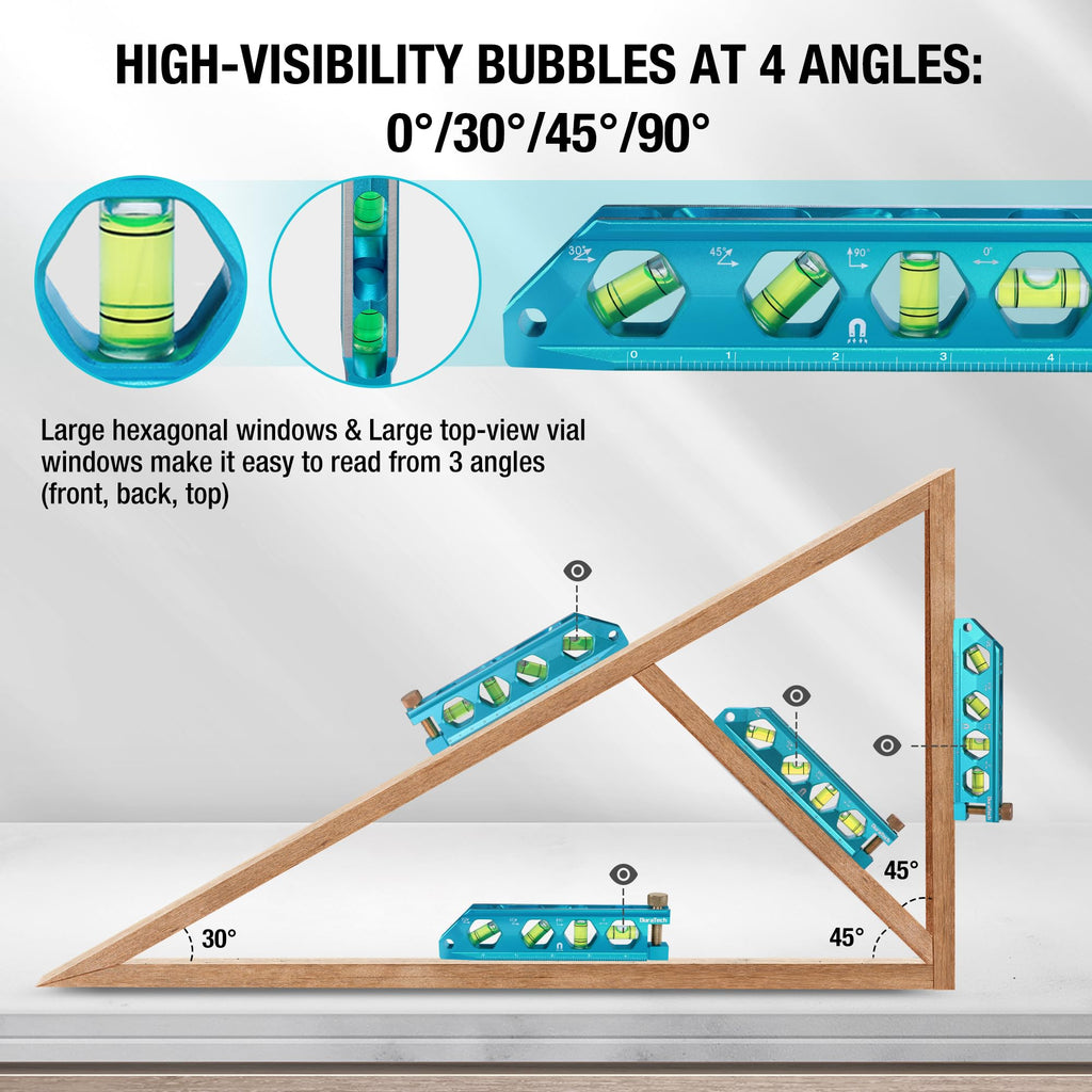 DURATECH 6.25-Inch Level, Magnetic Torpedo Level with 0°/30°/45°/90° Bubbles, V-Groove, Large Viewing Window, Aluminum Alloy Body, Hanging Hole, SAE and Metric Scale for DIY Projects and Household Use