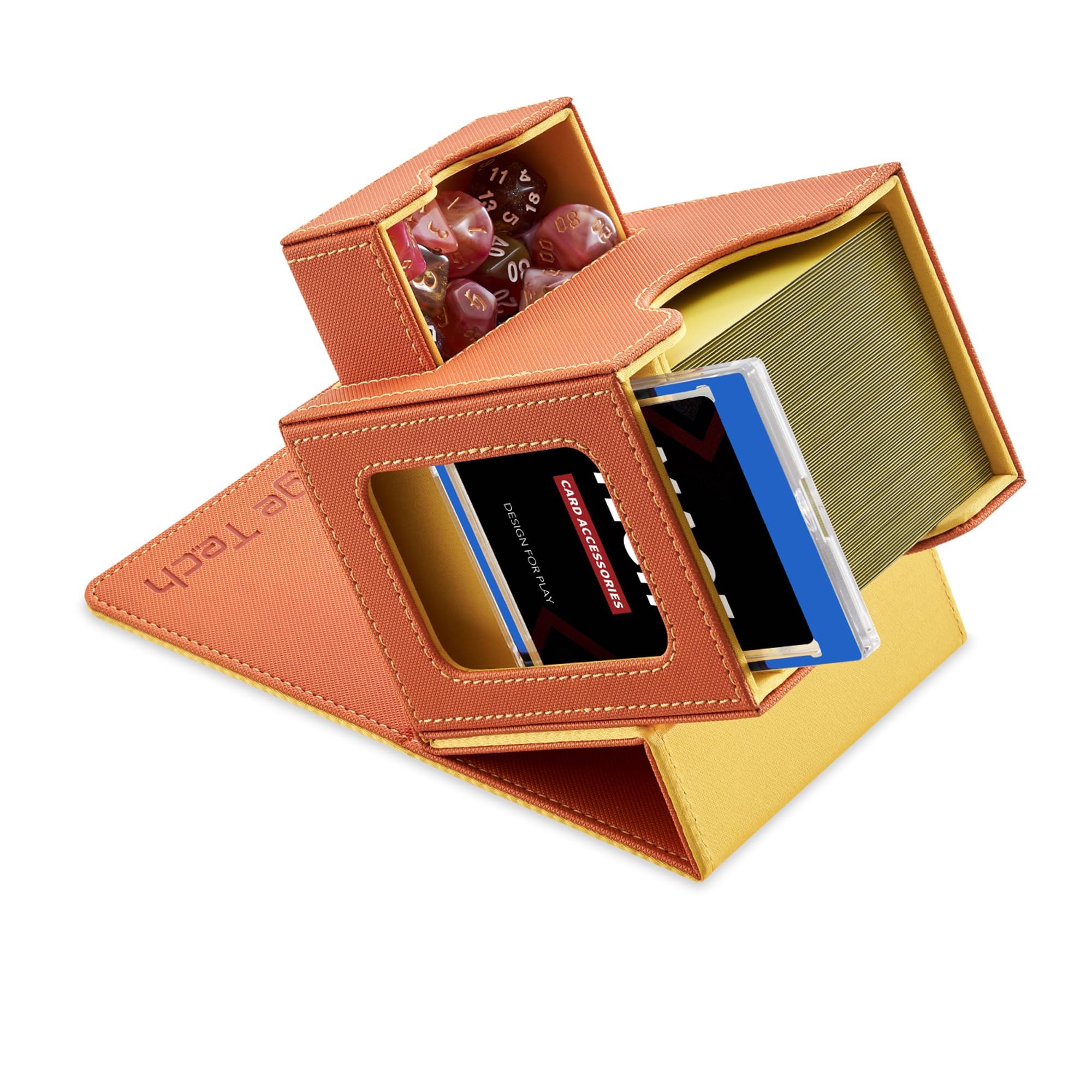 Mage Tech Card Deck Box for MTG Commander - Patented Design, Commander Display, Fits 100 Double-Sleeved Cards, 35pt Card Brick & Dice Tray - Orange/Yellow