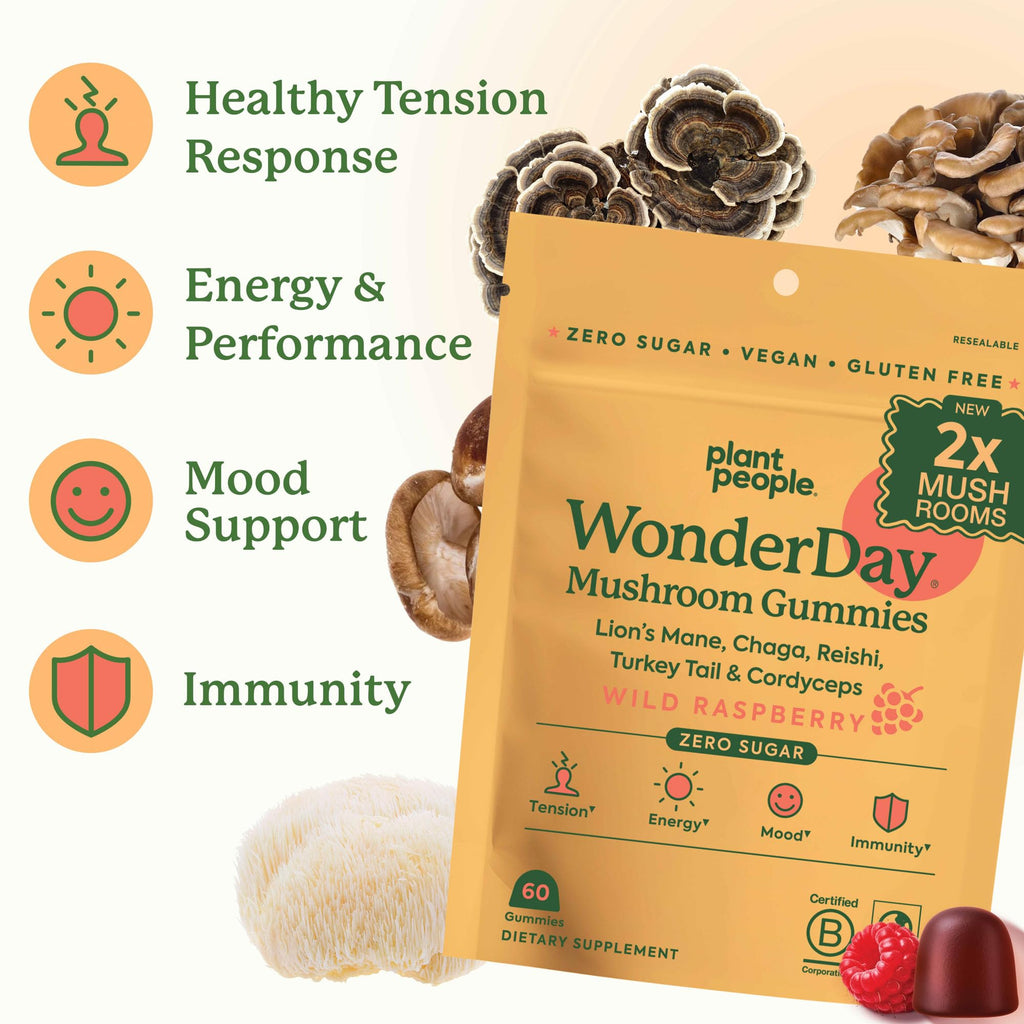 WonderDay Extra Strength Mushroom Gummies – Sugar Free Lion’s Mane, Cordyceps, Reishi & Chaga Supplement for Adults – Mood Boost, Energy, Focus, Immune Support & Gut Health – Vegan, Non-GMO (60 Count)