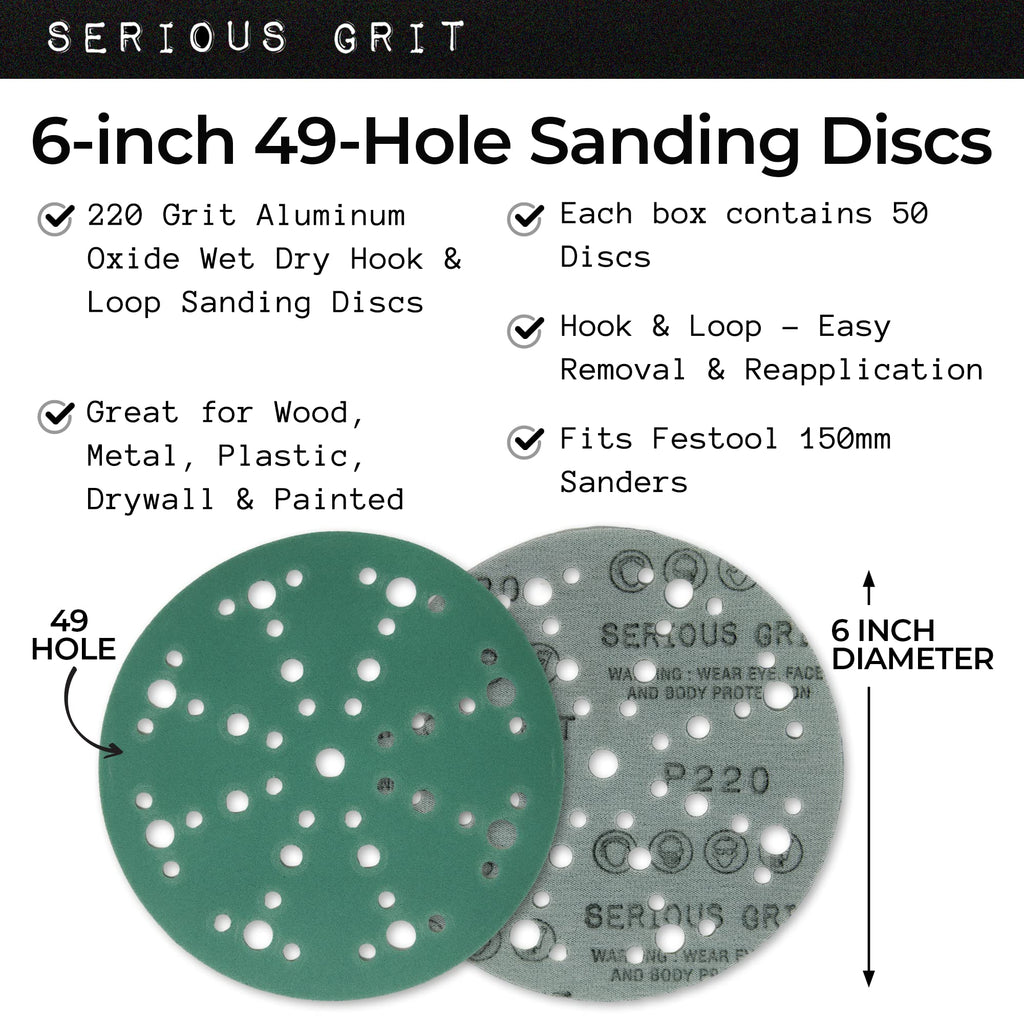 Serious Grit - 6-Inch 49-Hole 220 Grit Sanding Discs - Heavy-Duty Hook & Loop Film Discs - Sandpaper for Random Orbital Sanders - 50 Pack Box