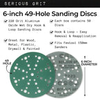Serious Grit - 6-Inch 49-Hole 220 Grit Sanding Discs - Heavy-Duty Hook & Loop Film Discs - Sandpaper for Random Orbital Sanders - 50 Pack Box