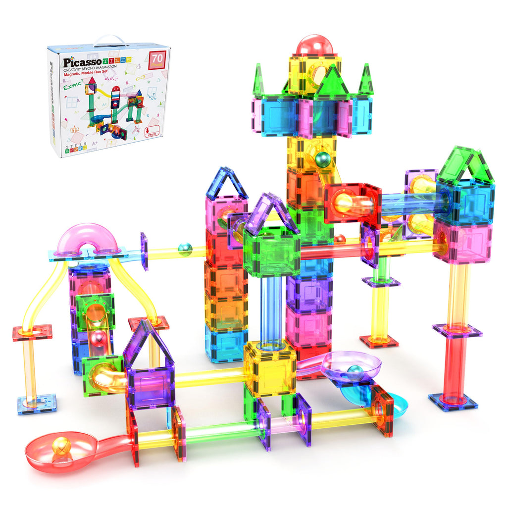 PicassoTiles 70pc Marble Run Magnetic Tiles STEM Set for Kids Ages 3 and Older Magnet Tile Marbles Maze Building Blocks Brain Development Toy Preschool Educational Learning Construction Playset PTG70
