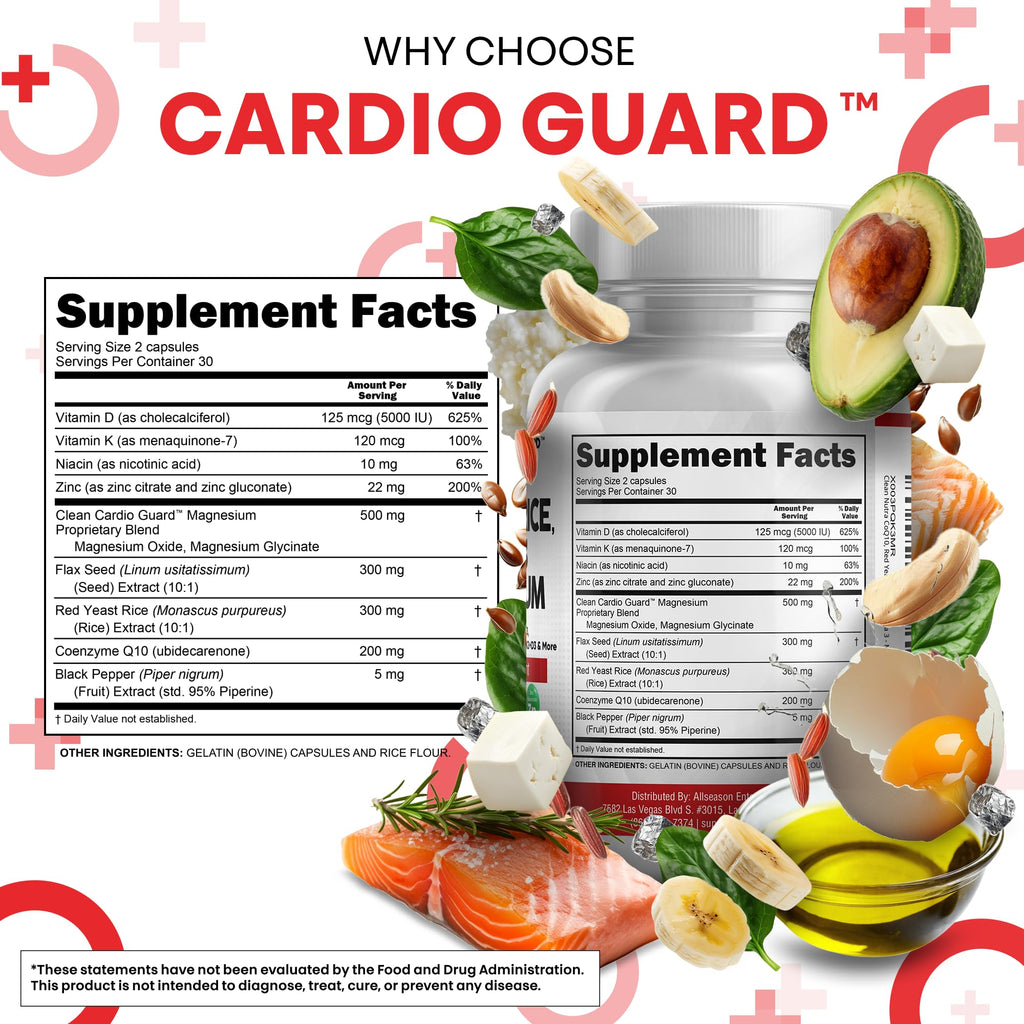 Clean Nutraceuticals COQ10 200mg Red Yeast Rice Omega 3 Magnesium Complex 500mg Niacin Zinc Vitamin K2 D3 - Heart Support Vitamins for Women & Men w/Vitamin B3, Coenzyme Q10-60 Ct