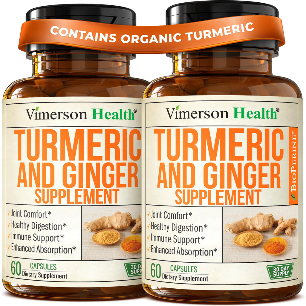 Turmeric Curcumin Supplement with Ginger Root for Joint Support, Digestive & Gut Health - Contains Organic Turmeric Curcumin with Black Pepper (Bioperine) for Enhanced Absorption - 60 Capsules, 2 Pack