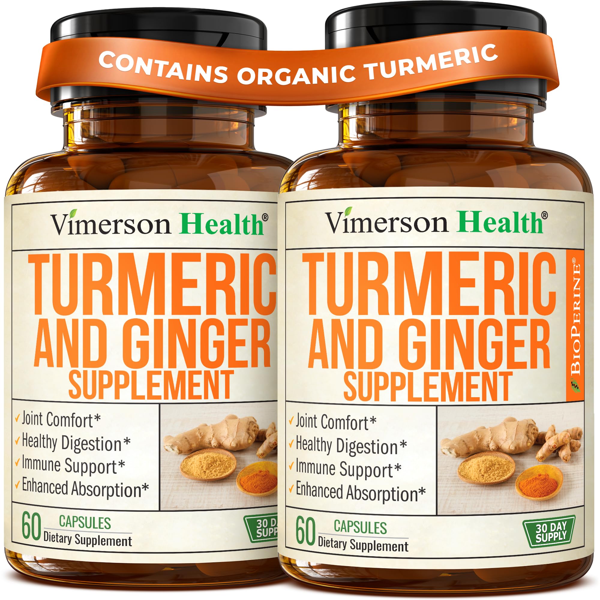 Turmeric Curcumin Supplement with Ginger Root for Joint Support, Digestive & Gut Health - Contains Organic Turmeric Curcumin with Black Pepper (Bioperine) for Enhanced Absorption - 60 Capsules, 2 Pack