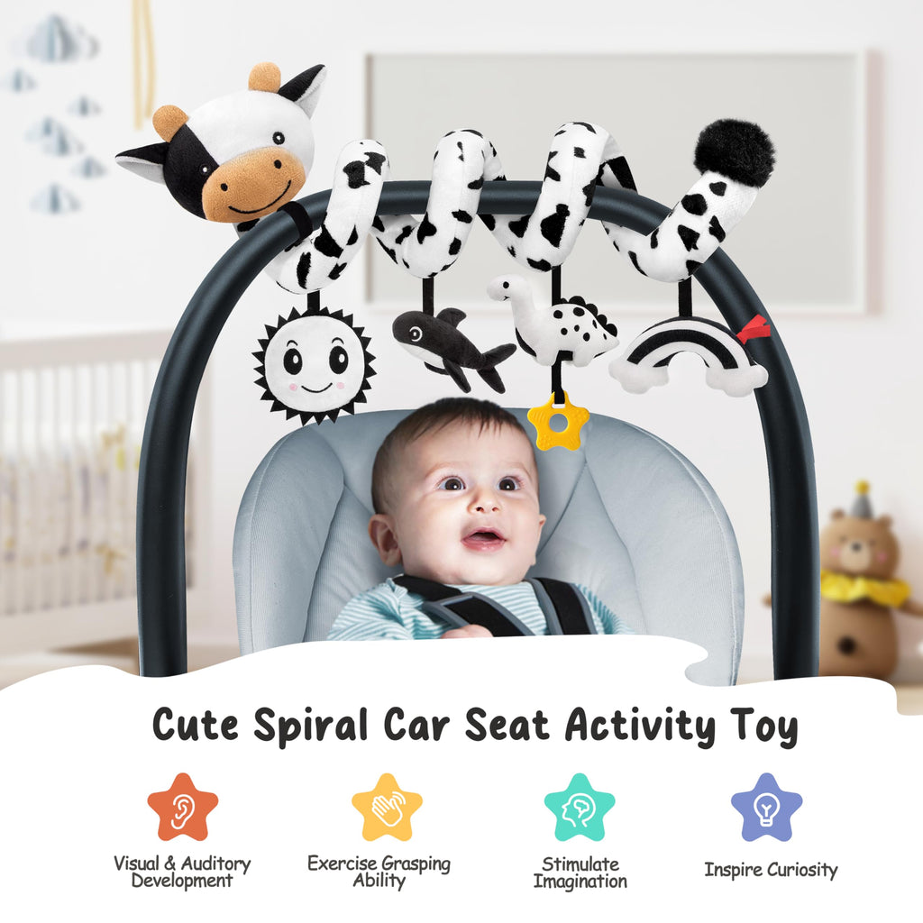 Spiral Car Seat Baby Toys 0-6 Months, Infant Carseat High Contrast Sensory Toys Hanging Stroller Accessories, Newborn Gifts for Baby Boys Girls Essentials, Cute Black and White Cow