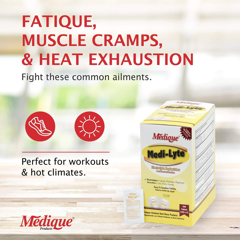 Medique Medi-Lyte Electrolyte Replenisher, Fast Relief from Heat, Stress, Fatigue, and Muscle Cramping, Easy to Swallow Tablets, 500 Tablets (250 x 2)
