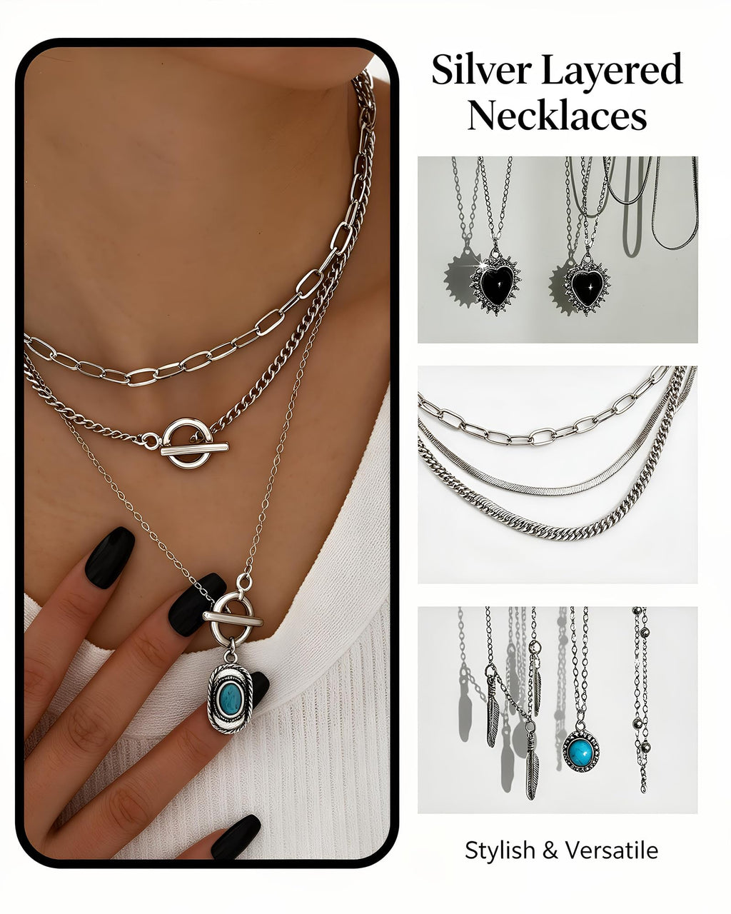 FAXHION 73PCS Western Silver Jewelry Set for Women, Boho Layered Necklaces & Stackable Rings Set, 14 Necklaces 15 Bracelets 26 Earrings 18 Knuckle Rings, Vintage Costume Jewelry Gift