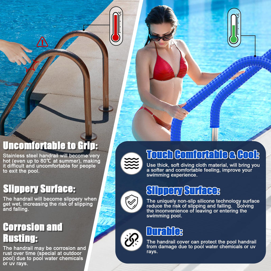 Pool Handrail Covers with Zippers 4 6 8 10 Ft Inground Swimming Pools Hand Rail Cover, Anti-Slip Cool Touch Heat Resistant, Royal Blue, Non Slip Swim Pool Railing Ladder Stair Handle Grip (8 Feet)