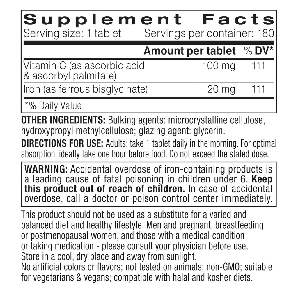Igennus Clean Iron Bisglycinate 20mg, Vitamin C, 6 Month Supply, Gentle Chelated High Absorption Formula & Targeted Release Ferrous Bisglycinate for Women and Men, One Daily, Vegan, 180 Tablets