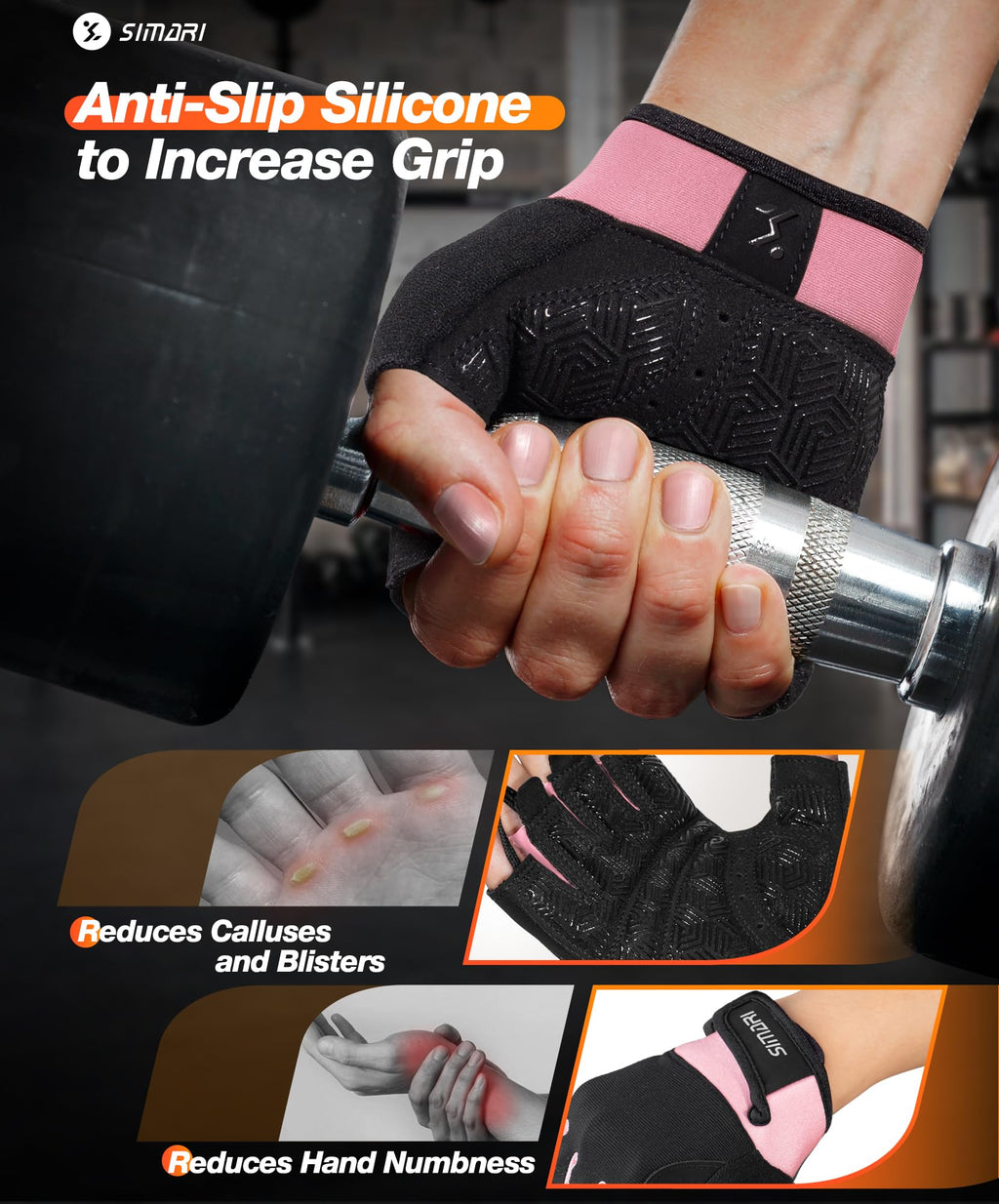 SIMARI Breathable Workout Gloves for Men & Women, Weight Lifting Gloves with Padded, Grip, Full Palm Protection, Gift for Gym Exercise, Cycling, Weightlifting Training, Fitness, Pink, Size M