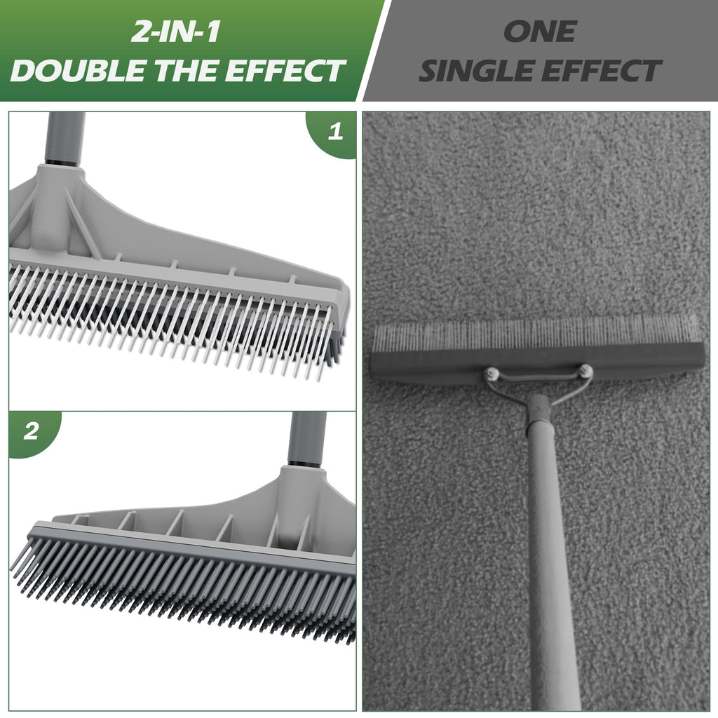Walensee Carpet Rake for Pet Hair Removal, 2 in 1 Rug Rake to Fluff Carpet with Nylon Groomer Brush, Adjustable Long Handle for Shag Rugs, Stairs, Mats and Floors, Rubber Broom