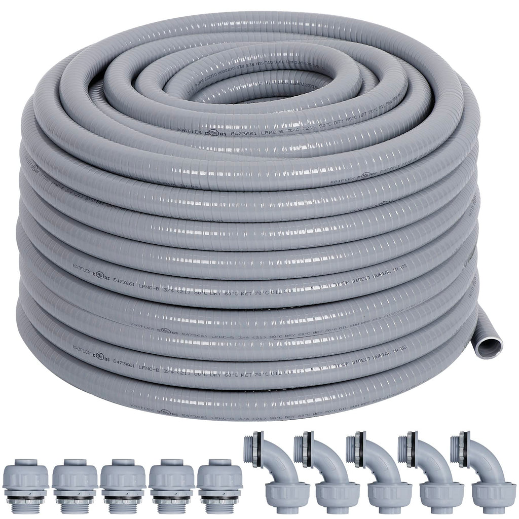 Neorexon Liquid-Tight Conduit 50 ft and 10 Pieces of Connector Kit, Electrical Conduit 1/2 50ft w/UL Certification, Flexible Conduit with 5 Straight and 5 90-Degree Conduit Connector Fittings