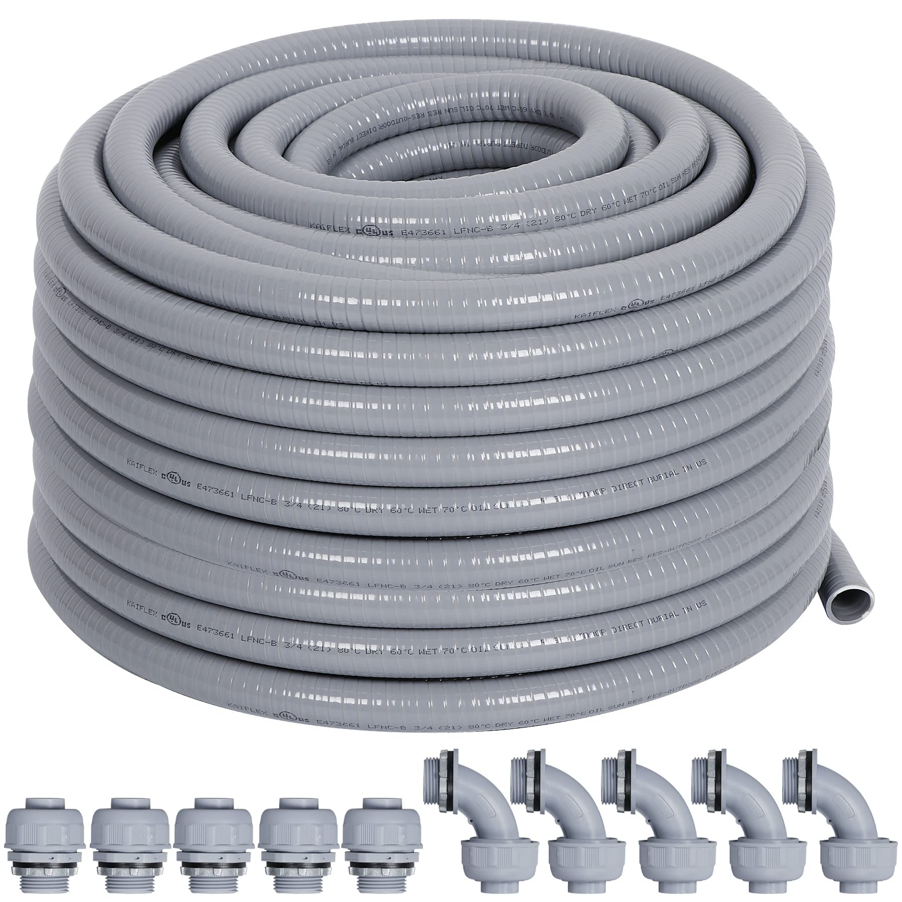 Neorexon Liquid-Tight Conduit 50 ft and 10 Pieces of Connector Kit, Electrical Conduit 1/2 50ft w/UL Certification, Flexible Conduit with 5 Straight and 5 90-Degree Conduit Connector Fittings