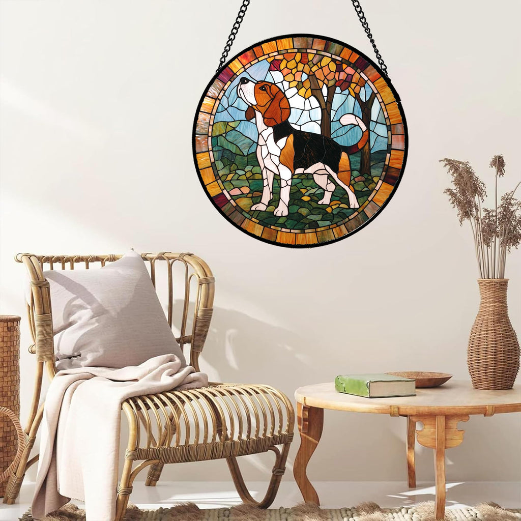 GEFOS Stained Glass Window Hanging Cute Dog Beagle Trees 6.3" - Suncatcher Door Garden Sunroom Sun Catcher Home Decor Birthday Christmas for Lost Pets Mom Men Woman Nana