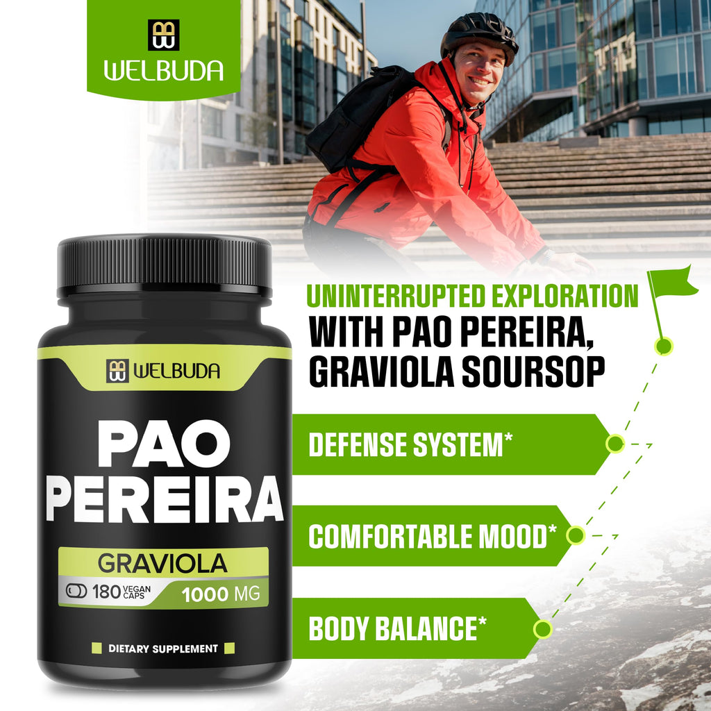 180 Capsules - 600mg Pao Pereira Herb Extract 10:1 with 400mg Graviola Soursop - Combined Formula for Immune System, Comfortable Mind, Body Management & Strength Support