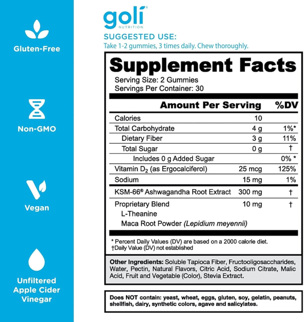 Goli Zero Sugar Ashwagandha & Vitamin D, Maca, L-Theanine Gummies, No Artificial Sweeteners, No Sugar Alcohols. Mixed Berry, KSM-66, Vegan, Plant Based, Non-GMO, Gluten-Free & Gelatin Free. (3)