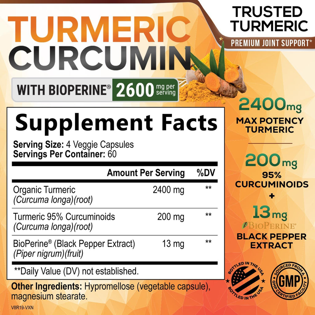 Turmeric Curcumin Supplement 2600mg - 95% Curcuminoids with Organic Turmeric & BioPerine Black Pepper Extract for Best Absorption, Natural Vegan Joint Support, Non-GMO, Bottled in USA - 240 Capsules