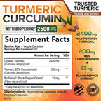 Turmeric Curcumin Supplement 2600mg - 95% Curcuminoids with Organic Turmeric & BioPerine Black Pepper Extract for Best Absorption, Natural Vegan Joint Support, Non-GMO, Bottled in USA - 240 Capsules