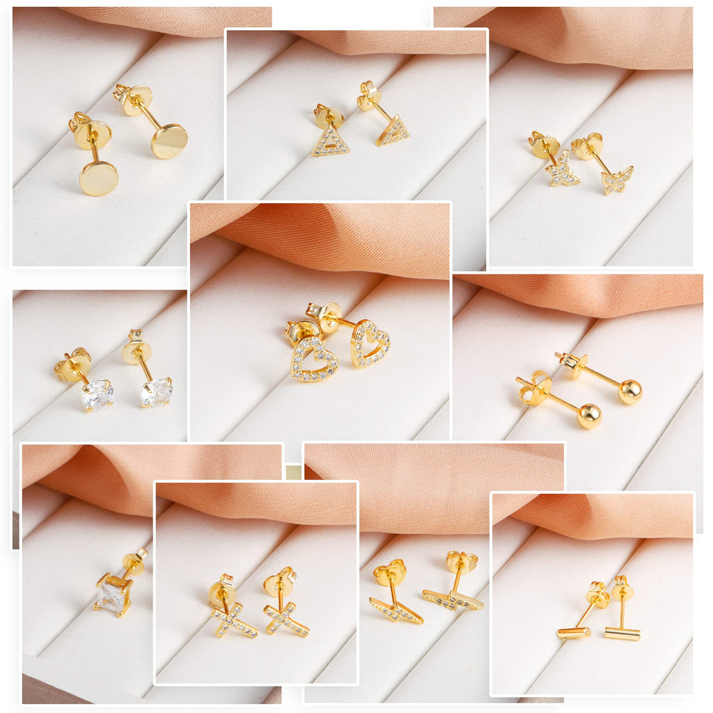14K Gold Small Stud Earrings Set for Women Flat Back Earrings, 10 Pairs
