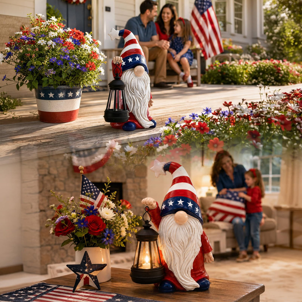 Solar Patriotic Gnome Garden Decor,9.4" Independence Day Garden Statues