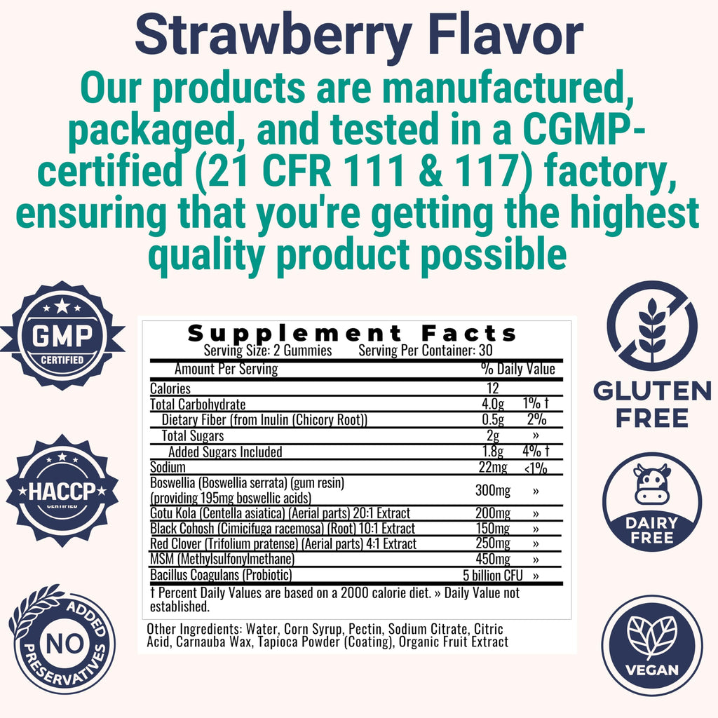 Boswellia Serrata Black Cohosh Gotu Kola Red Clover Extract Complex Gummies w. Probiotic Fiber (Chicory Root Inulin) MSM Methylsulfonylmethane, Supplement Alt for Organic Powder Capsules Tincture