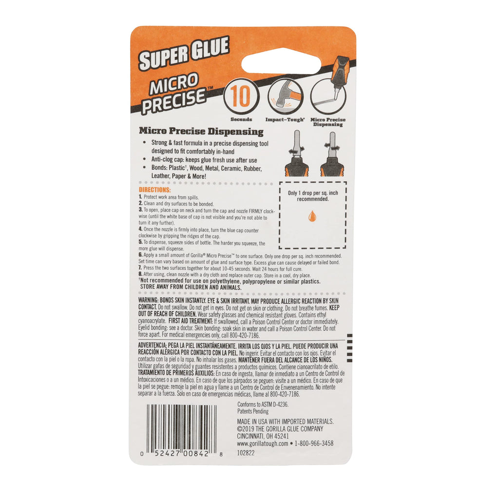 Gorilla Micro Precise Super Glue Gel, Clear, Cyanoacrylate, 5.5g, 2-Pack