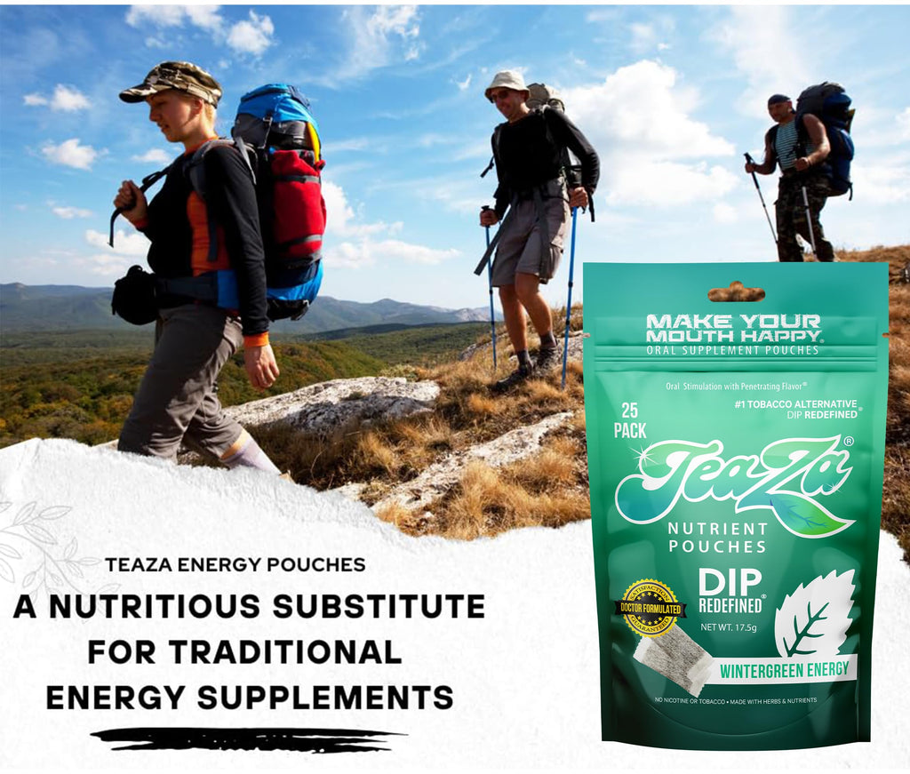 Teaza Herbal Energy Pouches Tobacco Alternative Nicotine Free Dip, Alternative Snuff Healthy Dip Pouches, Wintergreen Energy (2 Pack)