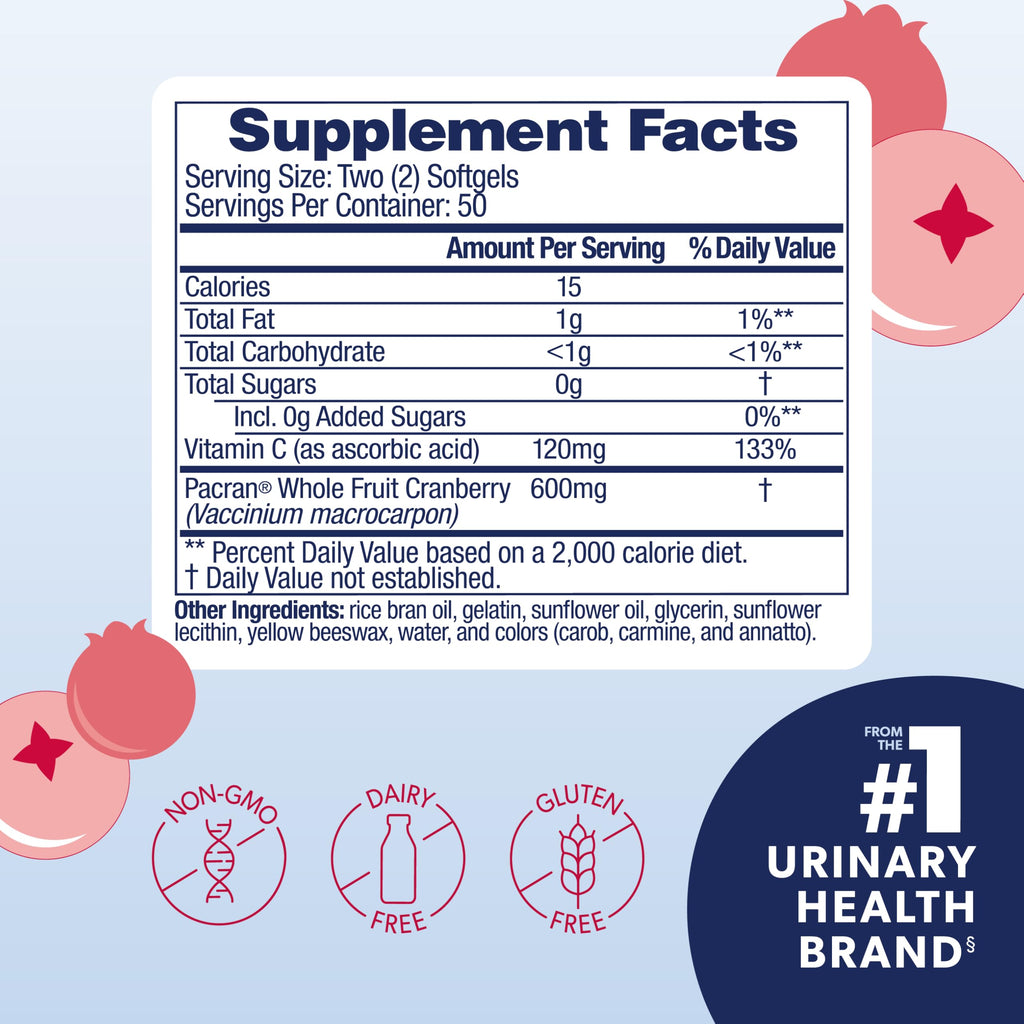 AZO Cranberry Pro Urinary Tract Health Supplement 600mg PACRAN, 1 Serving : More Than 1 Glass of Cranberry Juice, Sugar Free Cranberry Pills, Non-GMO 100 Softgels (Pack of 2)