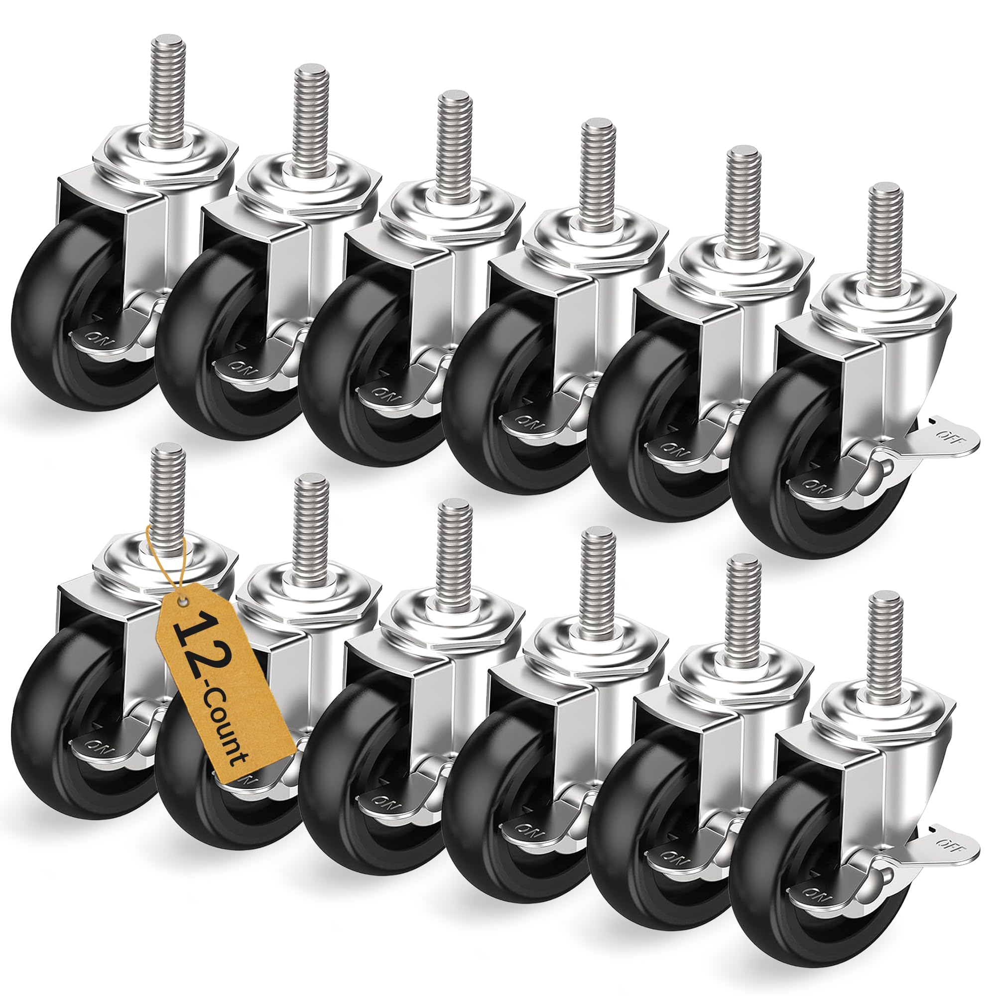 HOLKIE Caster Wheels 3 inch Locking Casters Set of 12, Threaded Stem 3/8" -16 x 1-1/4" (Diameter 3/8", Length 1-1/4") Swivel Heavy Duty Castors Black