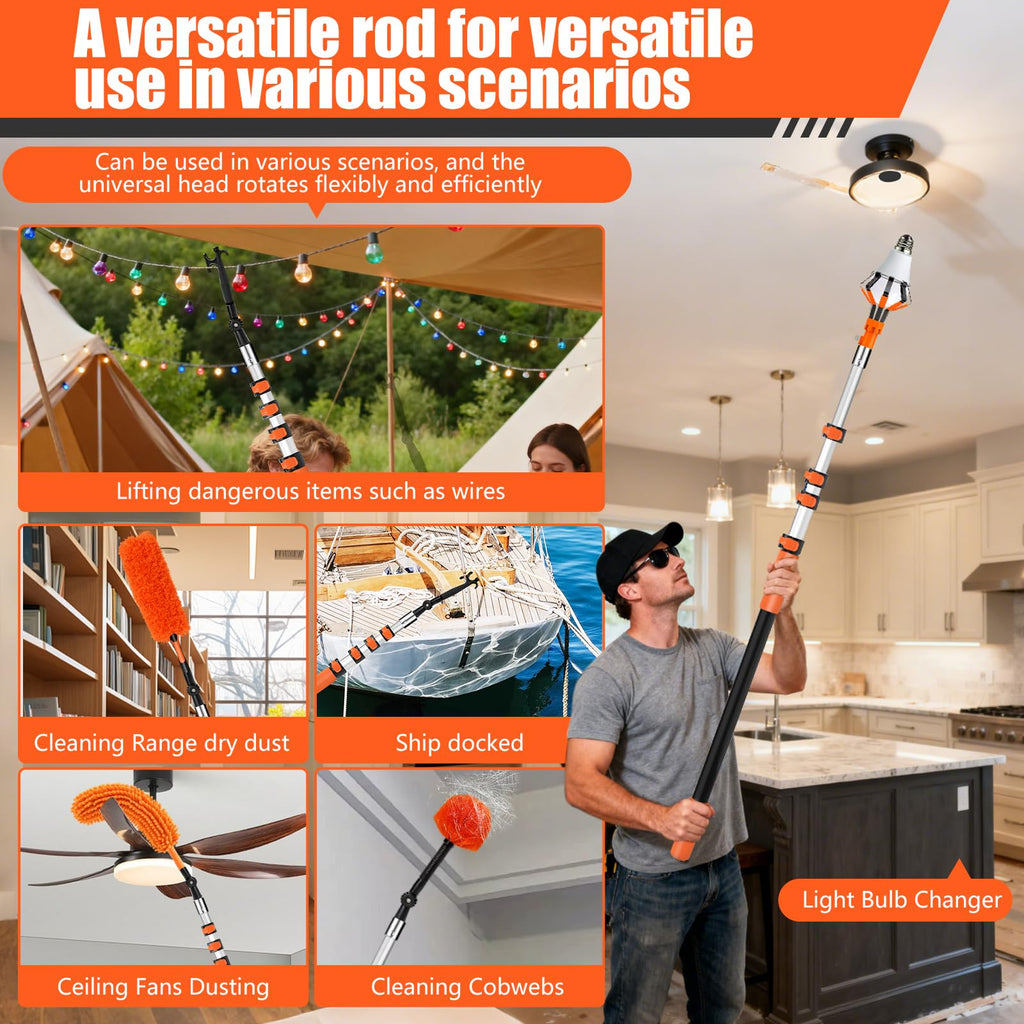 26FT Light Bulb Changer for High Ceilings with 5-20FT Heavy Duty Extension Pole,High Ceiling Fan Duster Extendable Reusable Cobweb,Feather,Window Cleaning Squeegee Kit for Home & House,Interior Roof