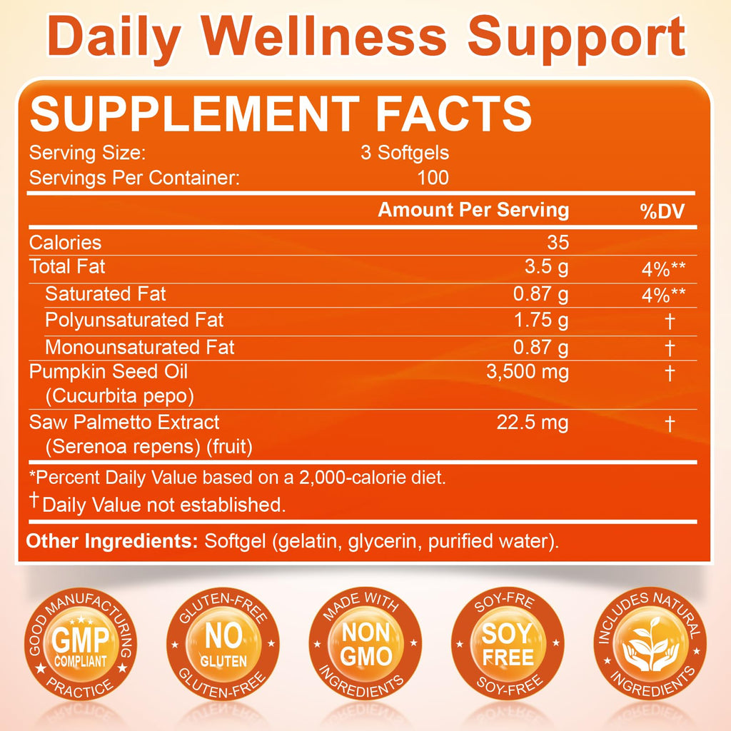 Pumpkin Seed Oil with Saw Palmetto, 3500mg Max Strength per Serving, 300 Softgels, Cold-Pressed with Essential Fatty Acids & Phytosterols, Supports Immune, Hair, Bladder & Prostate Health