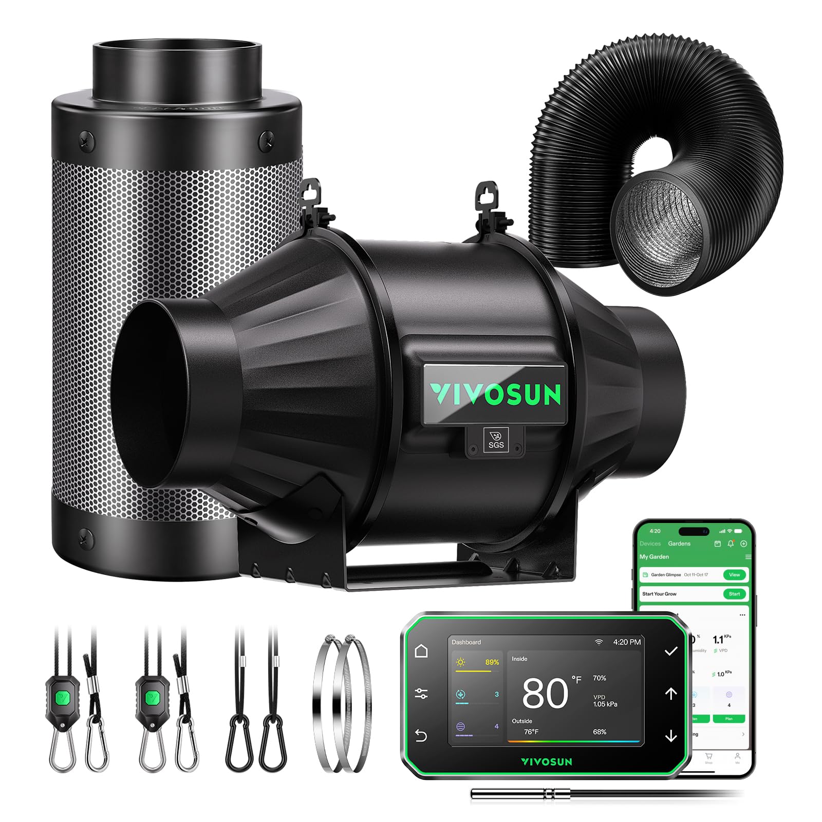 VIVOSUN T4 Smart Filtration Kit, Inline Fan, Controller, Carbon Filter,Duct