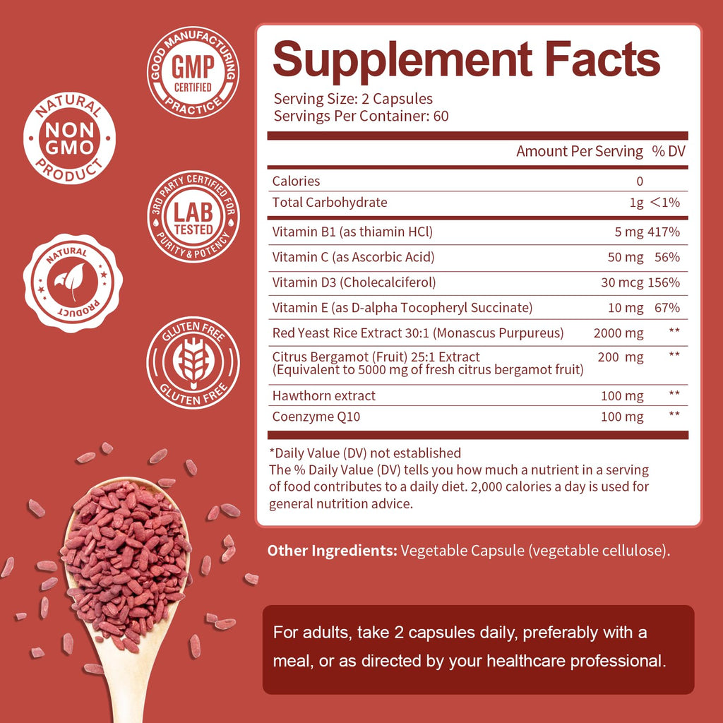 Red Yeast Rice 2,000mg with CoQ10 Supplement - Citrinin Free Extract Red Yeast Rice Capsules with CoQ10 100 Plus Citrus Bergamot - Cholesterol Lowering Supplements 3rd-Party Tested Vegan Non-GMO