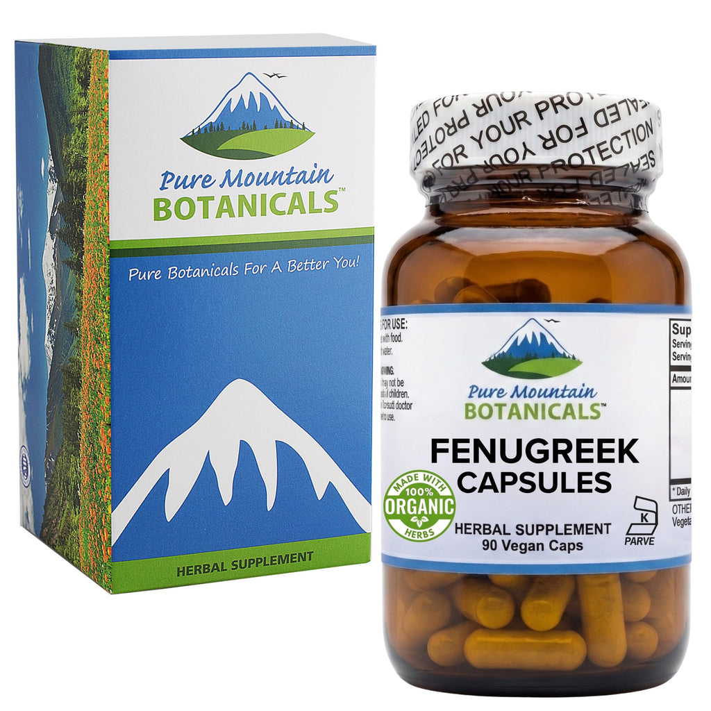 Pure Mountain Botanicals Fenugreek Capsules 600mg Organic - 90 Vegan Kosher Caps - Fenugreek Seed Supplement for Women and Men - Non-GMO Gluten Free - Fenogreco