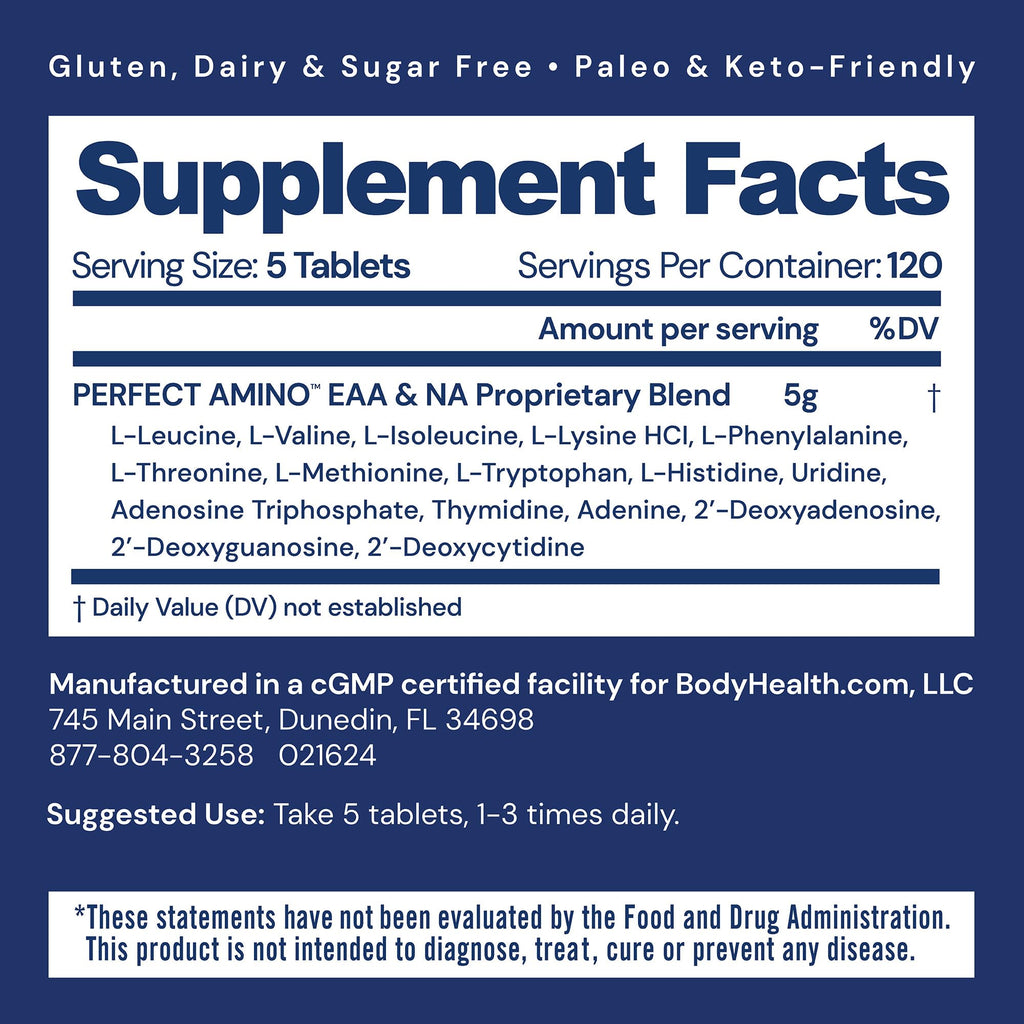 BodyHealth PerfectAmino, Essential Amino Acid with BCAAs + Lysine, Phenylalanine, Threonine, Methionine, Tryptophan, Supplement for Muscle Mass Production, Recovery & Strength (600 ct)