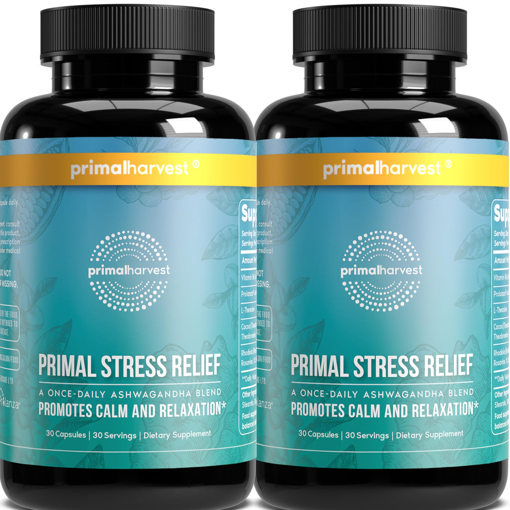 Primal Harvest Stress Relief Supplement for Women and Men Pure Ashwagandha Root Extract, L-Theanine Supplements, 60 Capsules
