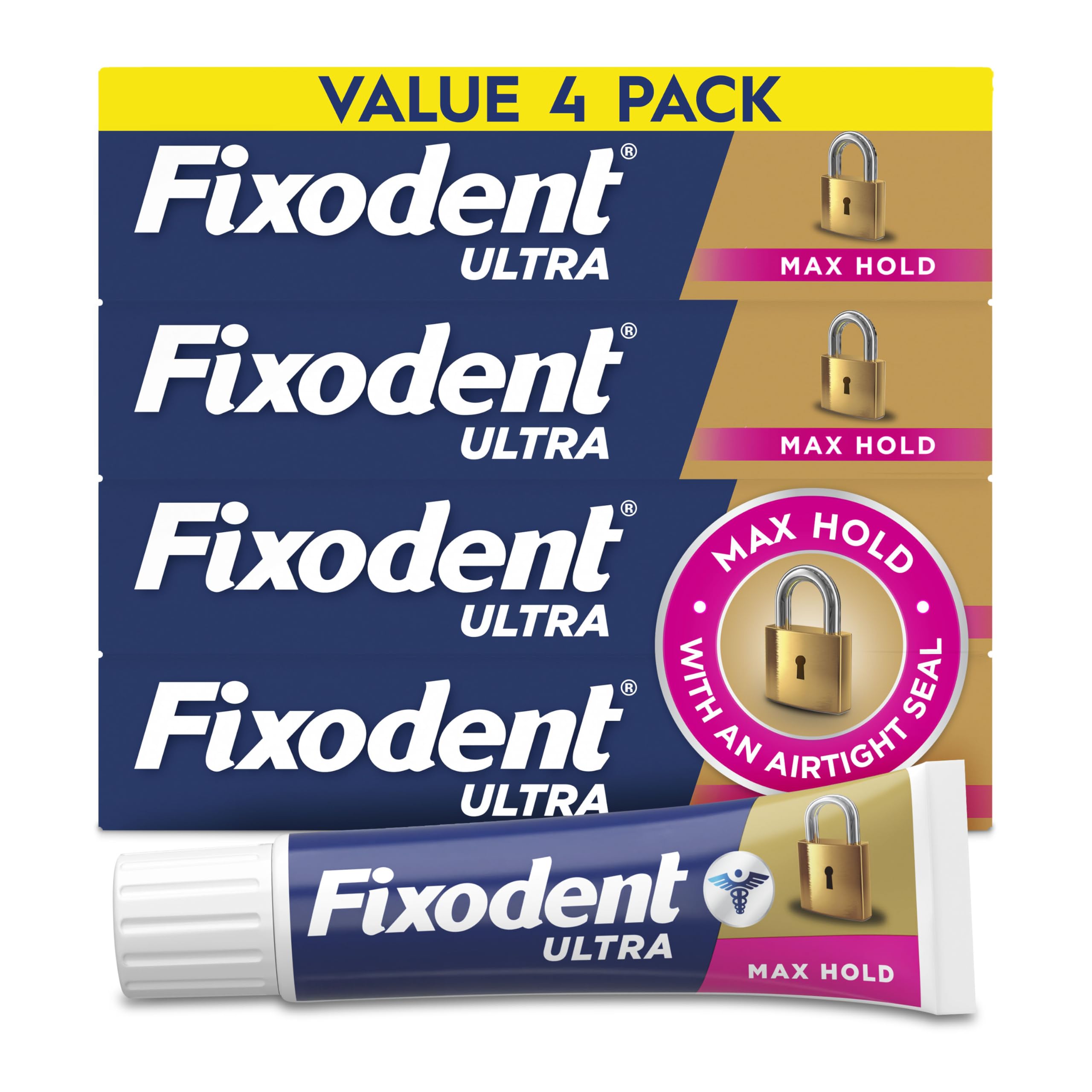 Fixodent Ultra Max Hold Denture Adhesive Cream, 2.2 oz (4-Pack) – Strong False Teeth Glue and Secure Dental Adhesive for Full or Partial Plates, Prevent Food Slipping