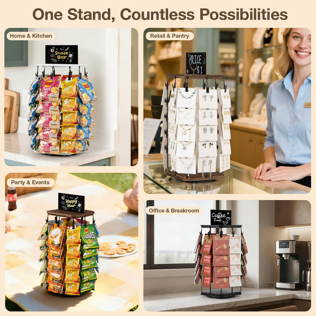 PUERSI Wooden Chip Rack Display Stand, 5 Tiers 40 Clips Rotating Snack Rack for Office Countertop, Snack Organizer Chip Storage Candy Display for Concession, Party, Retail, with Message Board - White