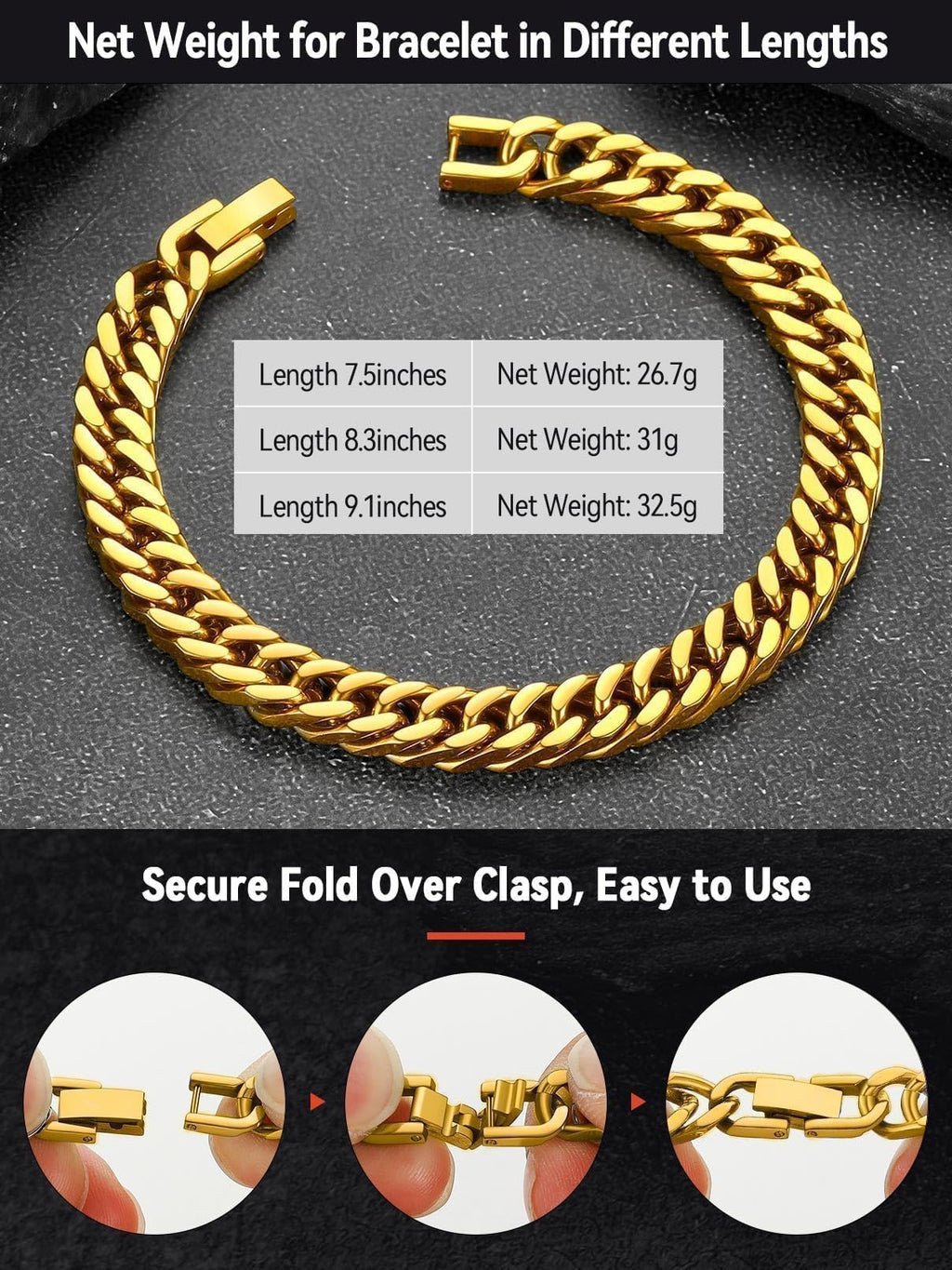 FaithHeart Gold Stainless Steel Cuban Link Bracelet for Men