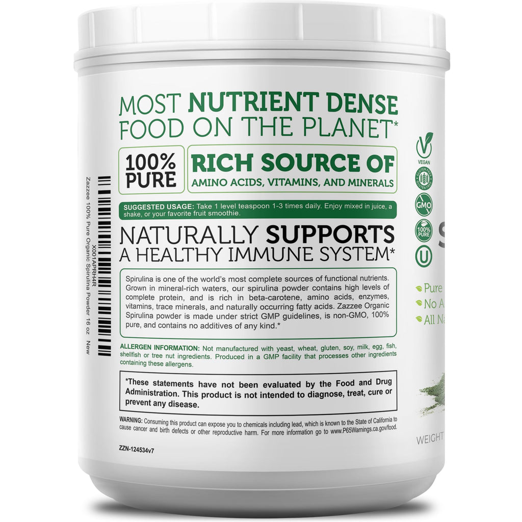 Zazzee USDA Organic Spirulina Powder, 16 Ounces (1 LB), 137 Servings, Certified Kosher, 100% Pure, Non-Irradiated, Mess-Free Wide Mouth Container, Fresh Smell and Neutral Taste, Non-GMO, Made in USA