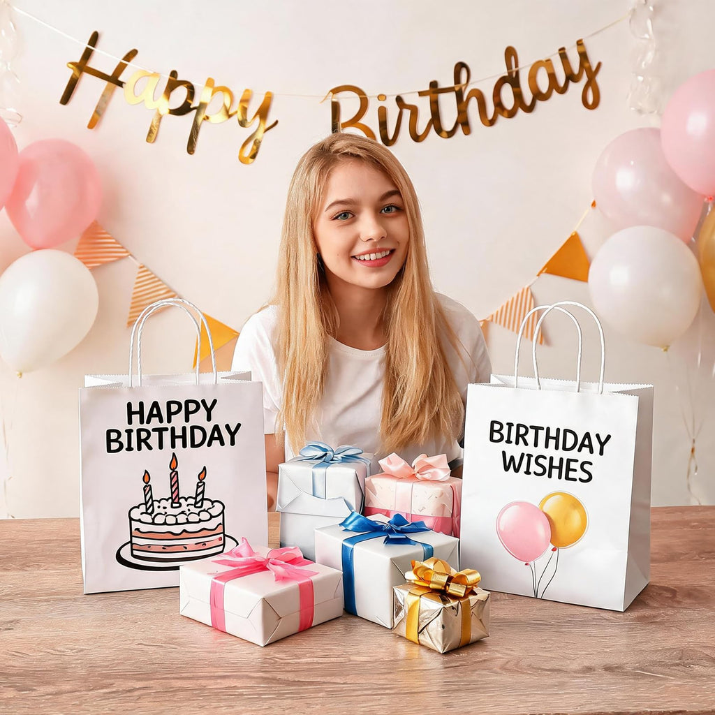 bagmad 100Pcs Pack 8x4.75x10 inch Medium White Kraft Paper Bags with Handles Bulk, Gift Bags, Craft Grocery Shopping Retail Birthday Party Favors Wedding Sacks Restaurant Takeout, Business (100)