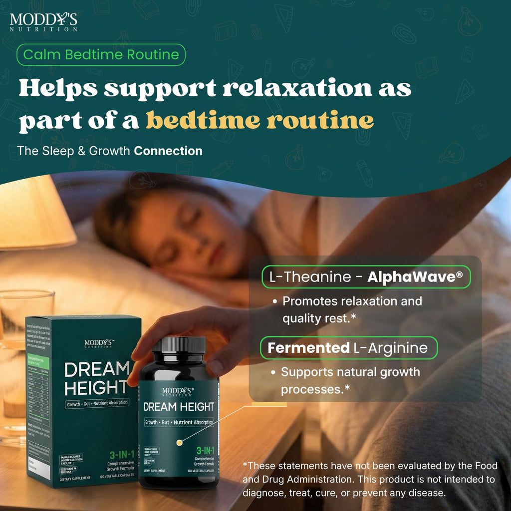 Moddy's Nutrition DreamHeight Growth Supplement for Kids & Teens, Bone, Immune & Sleep Support, Clinically Studied Formula, 120 Small Easy-to-Swallow Capsules