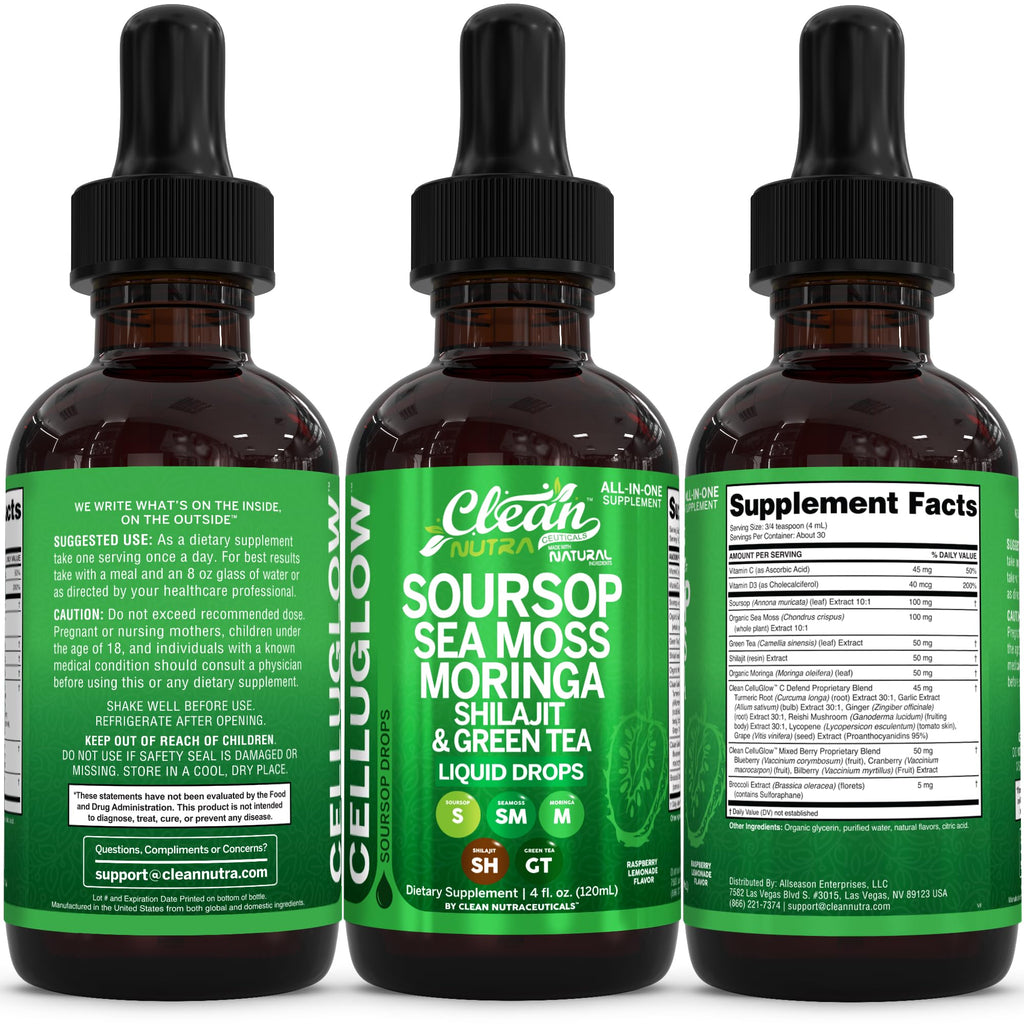 Clean Nutra Soursop Liquid Drops Sea Moss Moringa Shilajit Green Tea Vitamin D Vitamin C Garlic Supplements Grape Seed Lycopene Turmeric Root 4 Oz Immune Support & Cellular Health by Clean Nutra