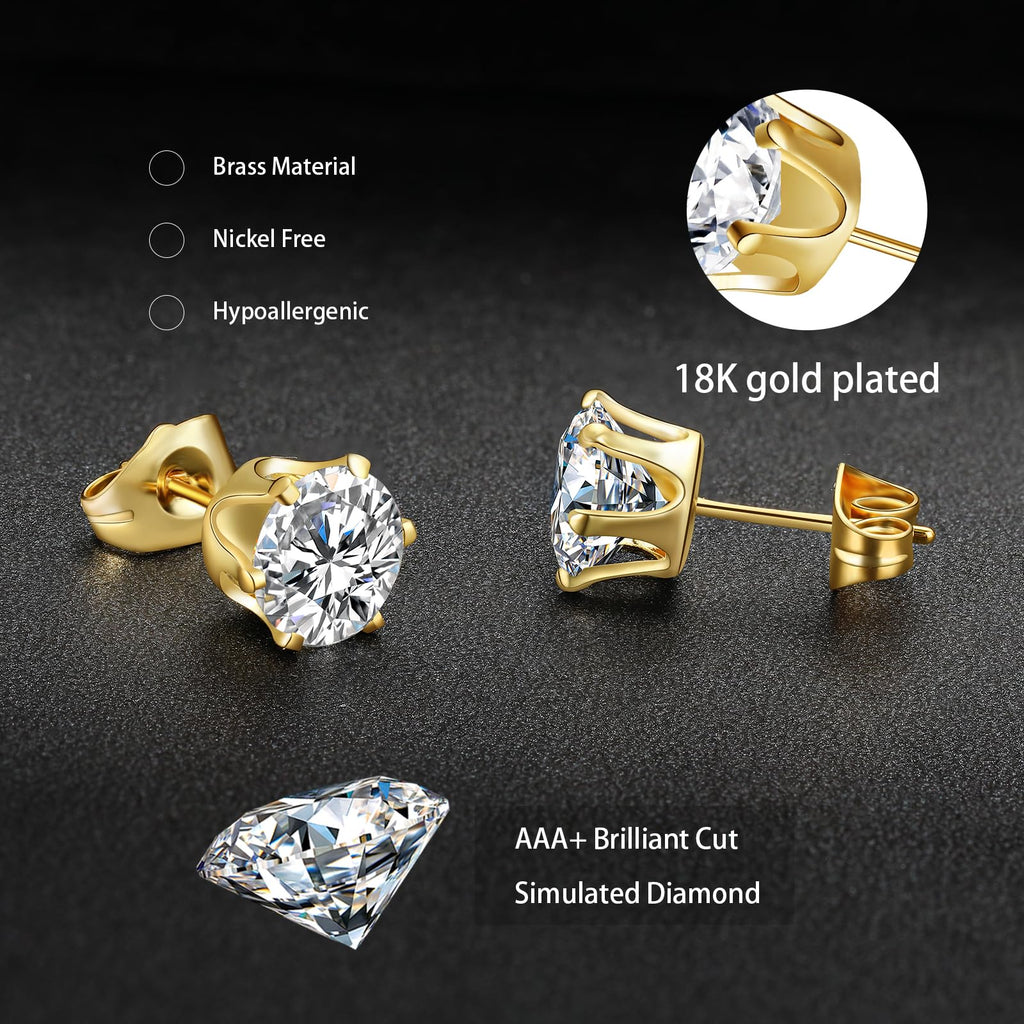Gemsme 3-8mm Cubic Zirconia Gold Earrings for Women/Men Trendy - Hypoallergenic Stainless Steel With 18K Yellow Gold Plated 6-Sprong-setting Round CZ Stud Earrings Set - 6 Pairs