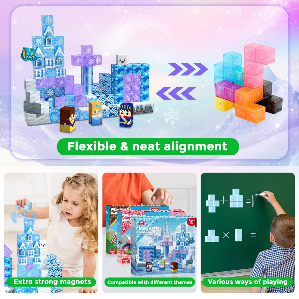 Magnetic Blocks - 100Pcs 0.8in Transparent Building Block for Kids Ages 4-8, Magnet Blocks for Blue Princess Castle Build, Building Cubes Tiles Princess Toys for Girls Age 3 4 5 6 7 8-12 Birthday Gift