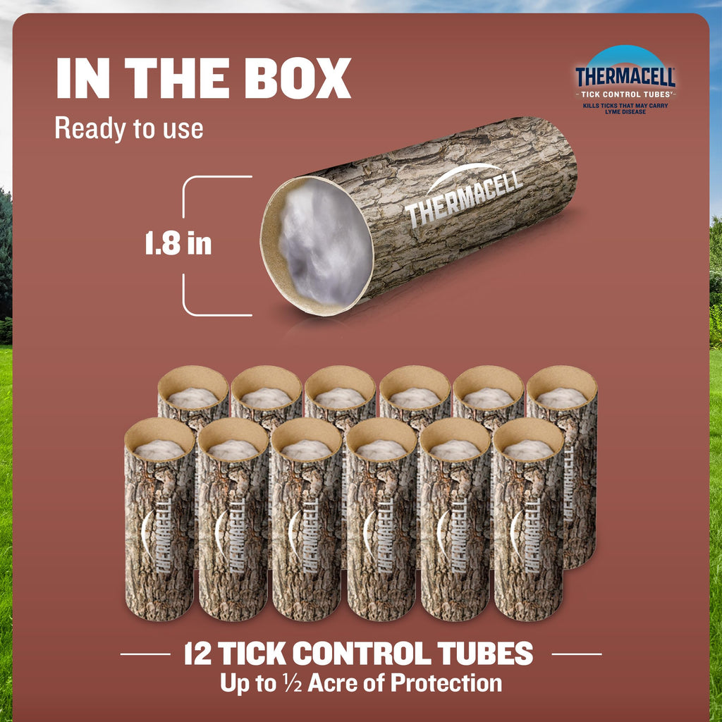 Thermacell Tick Control Tubes; 12 Per Box; No Spray, Easy-to-Use; Kills Ticks That May Carry Lyme Disease; Place in Backyard, Gardens or Wooded Areas Twice a Year; Won't Harm Kids, Pets or Environment