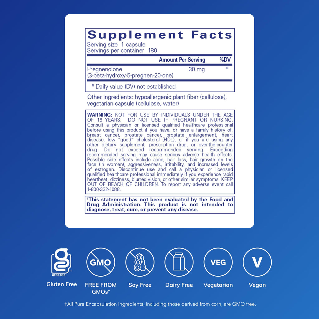 Pure Encapsulations Pregnenolone - 30 mg - Hormone Support - Memory Support & Brain Supplement* - Gluten Free & Vegan - 180 Capsules